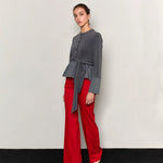 Bow belted jersey peplum blouse gray - fasfas