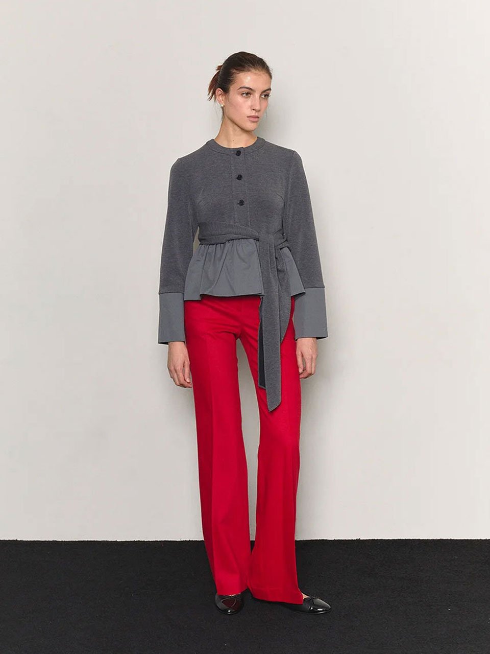 Bow belted jersey peplum blouse gray - fasfas