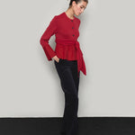Bow belted jersey peplum blouse red - fasfas