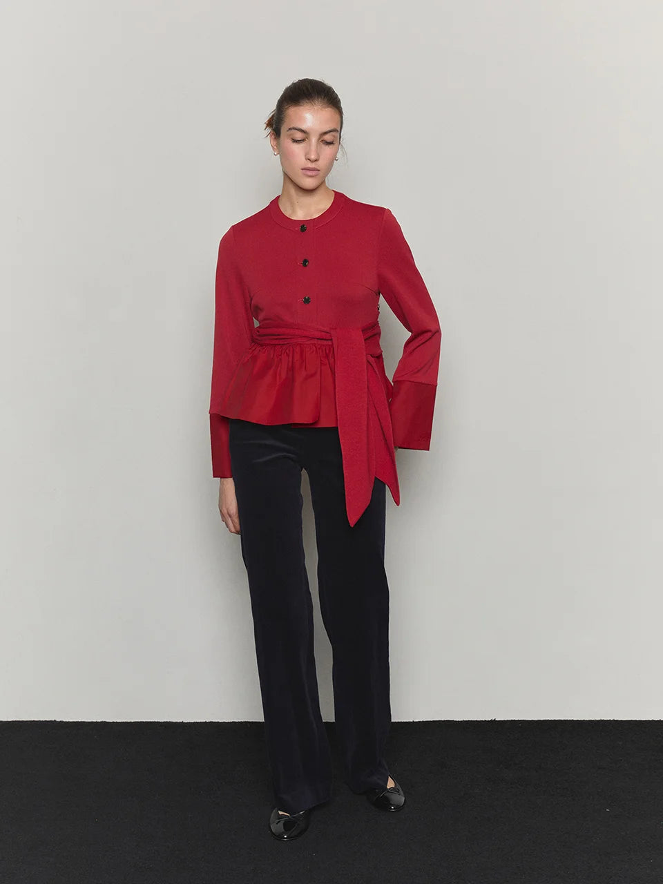 Bow belted jersey peplum blouse red - fasfas