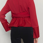 Bow belted jersey peplum blouse red - fasfas