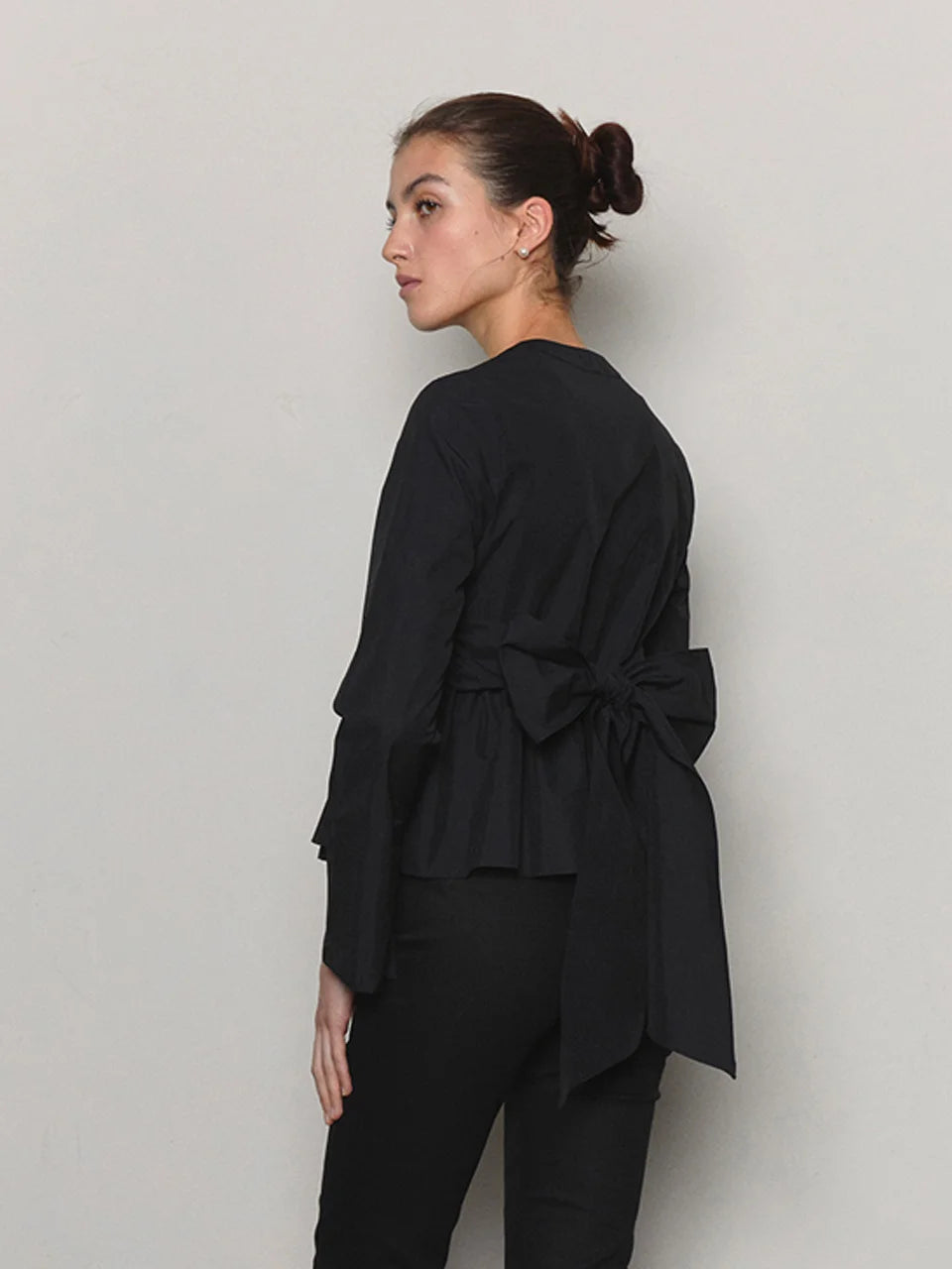 Bow belted peplum blouse black - fasfas