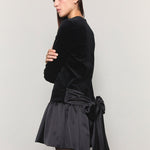 Bow belted peplum velvet mini dress black - fasfas