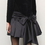 Bow belted peplum velvet mini dress black - fasfas