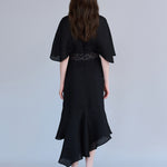 Cape style asymmetric black silk dress - fasfas