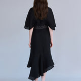 Cape style asymmetric black silk dress - fasfas