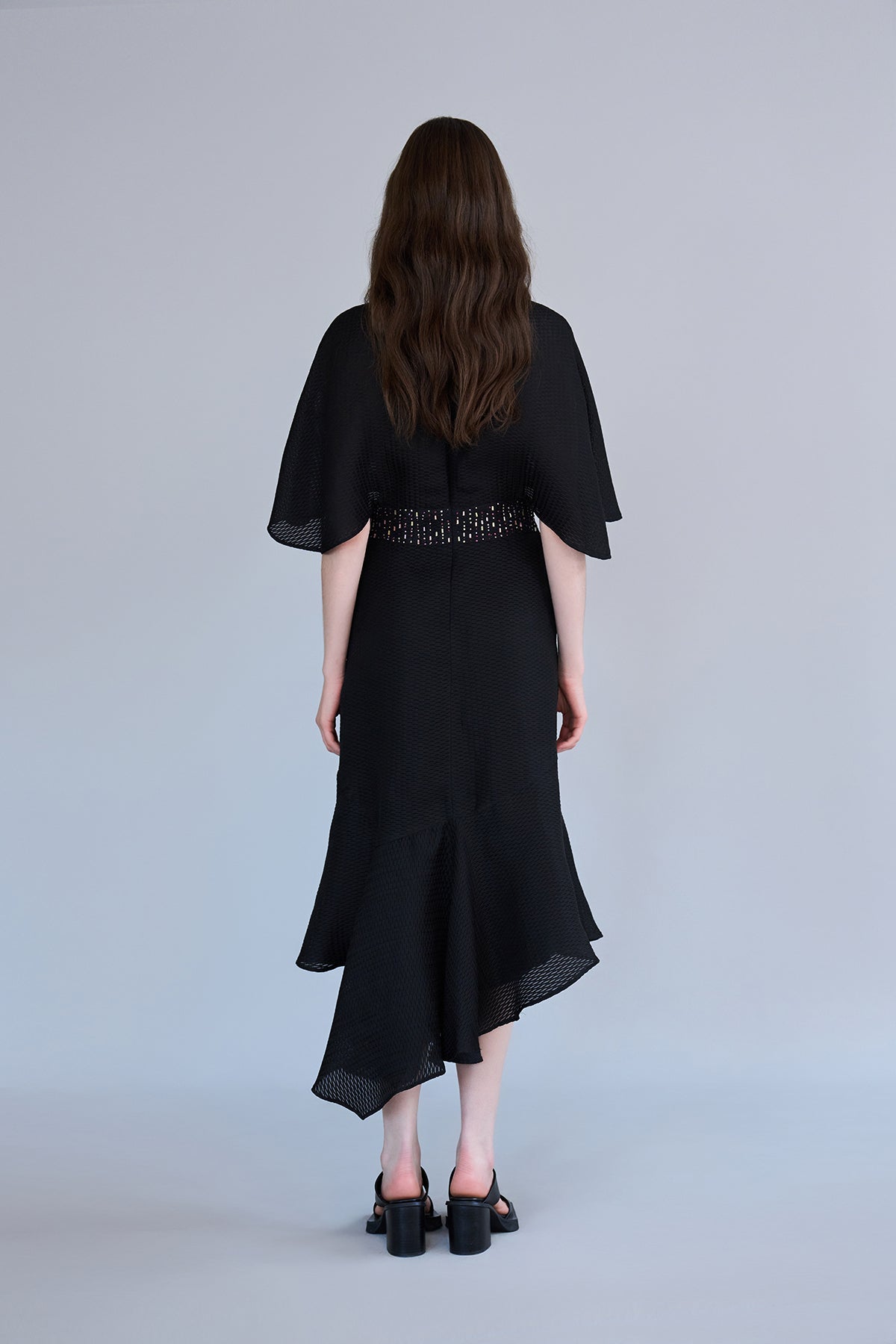Cape style asymmetric black silk dress - fasfas