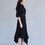 Cape style asymmetric black silk dress - fasfas