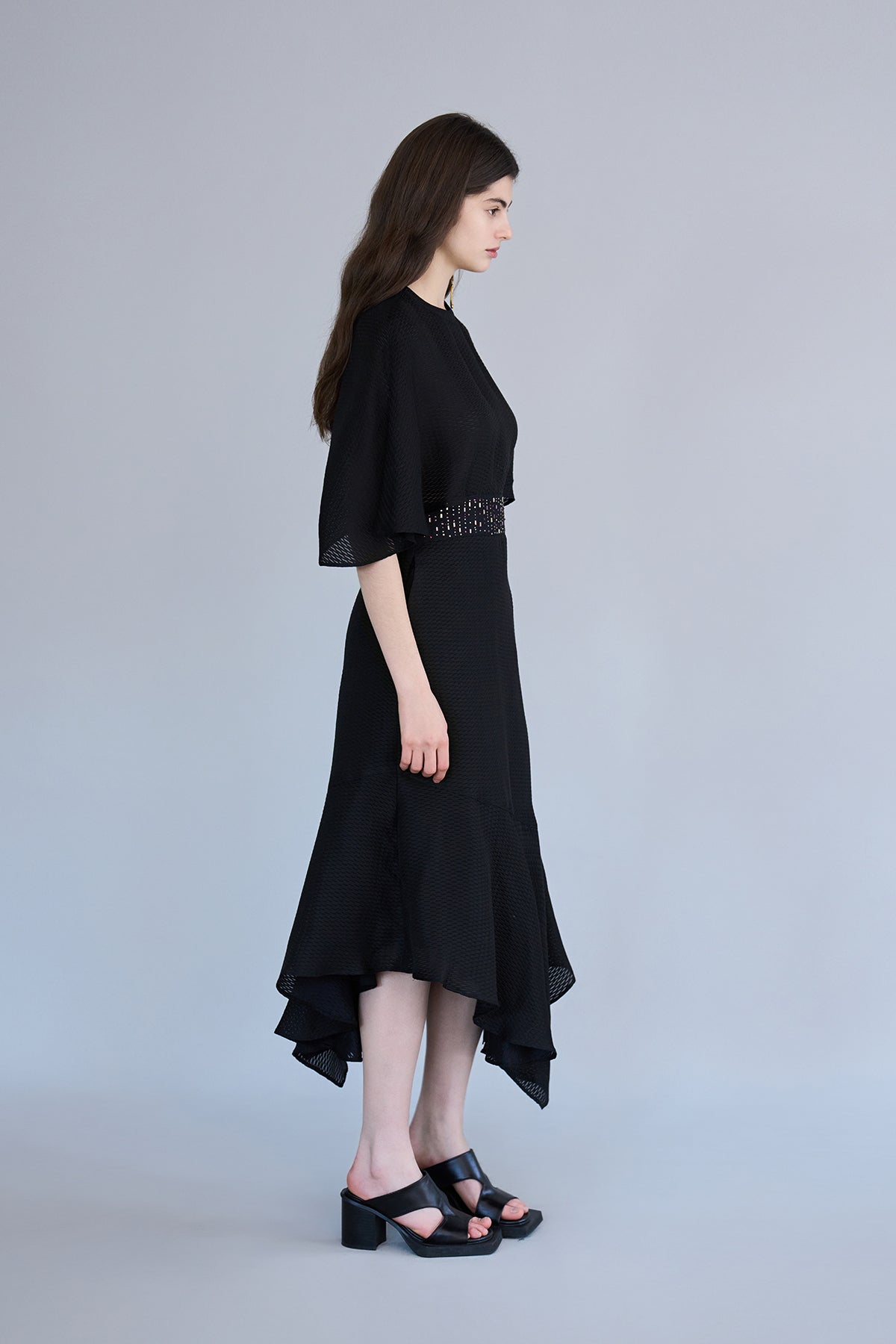 Cape style asymmetric black silk dress - fasfas