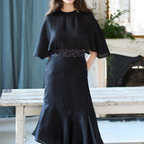 Cape style asymmetric black silk dress - fasfas