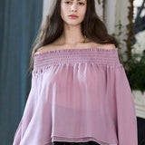 Cape style off-shoulder silk blouse