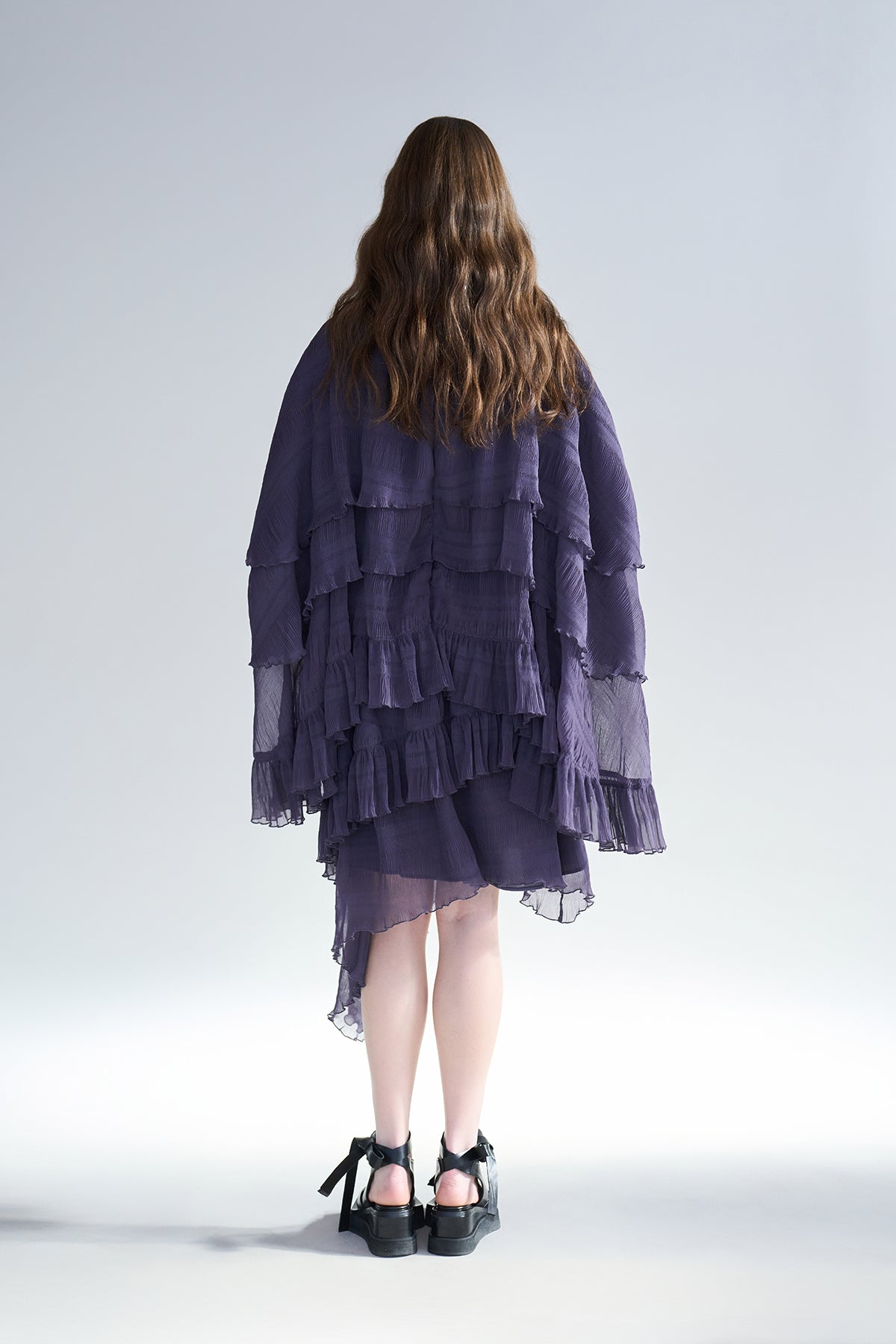 Cutout cape sleeve asymmetric tiered long dress - fasfas