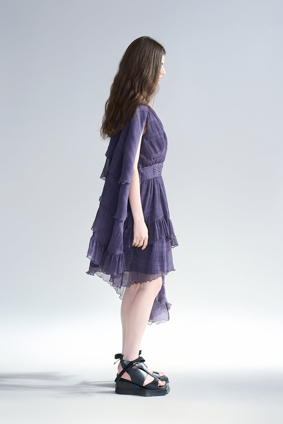 Cutout cape sleeve asymmetric tiered long dress - fasfas