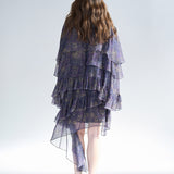 Cutout cape sleeve asymmetric tiered silk long dress - fasfas
