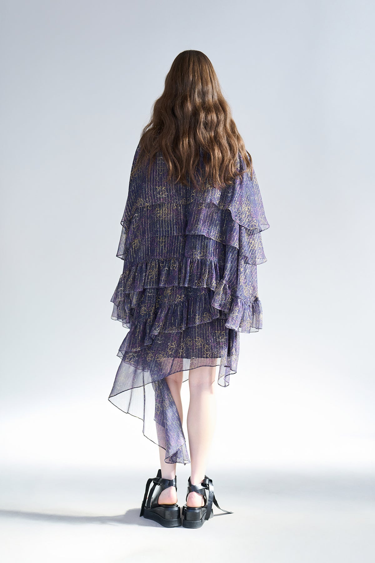 Cutout cape sleeve asymmetric tiered silk long dress - fasfas