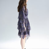 Cutout cape sleeve asymmetric tiered silk long dress - fasfas
