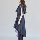 Cutout cape sleeve asymmetric trench coat navy blue - fasfas