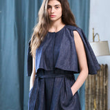 Cutout cape sleeve asymmetric trench coat navy blue - fasfas