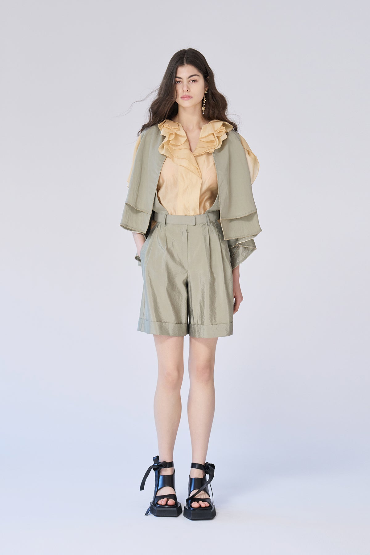 Cutout cape sleeve crop silk jacket - fasfas