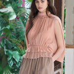 Cutout cape sleeve silk peplum blouse apricot - fasfas