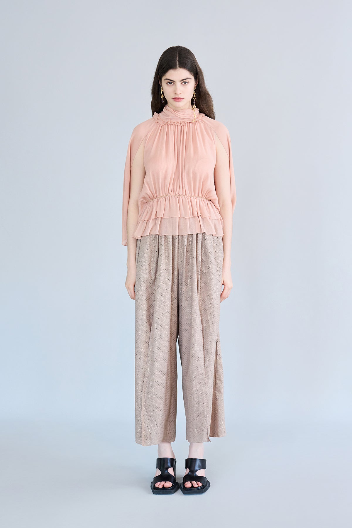 Cutout cape sleeve silk peplum blouse apricot - fasfas