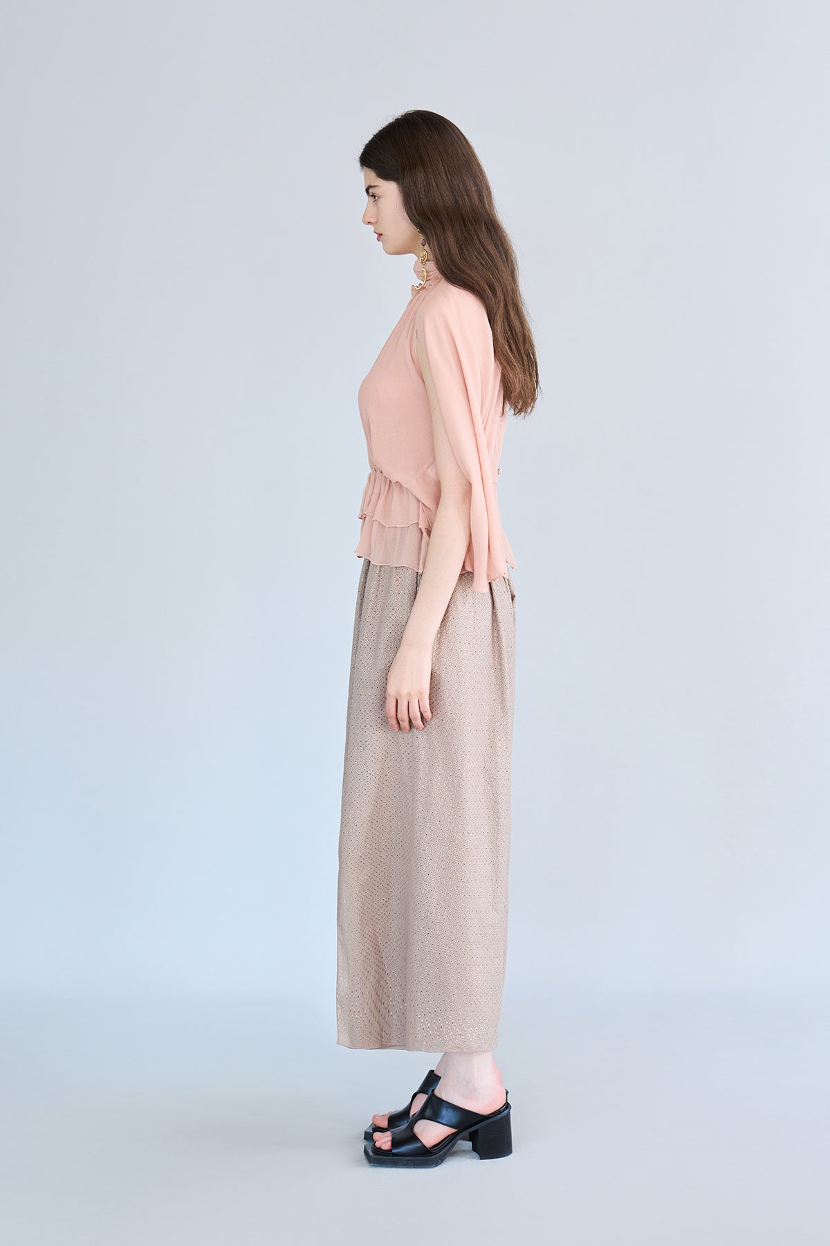 Cutout cape sleeve silk peplum blouse apricot - fasfas