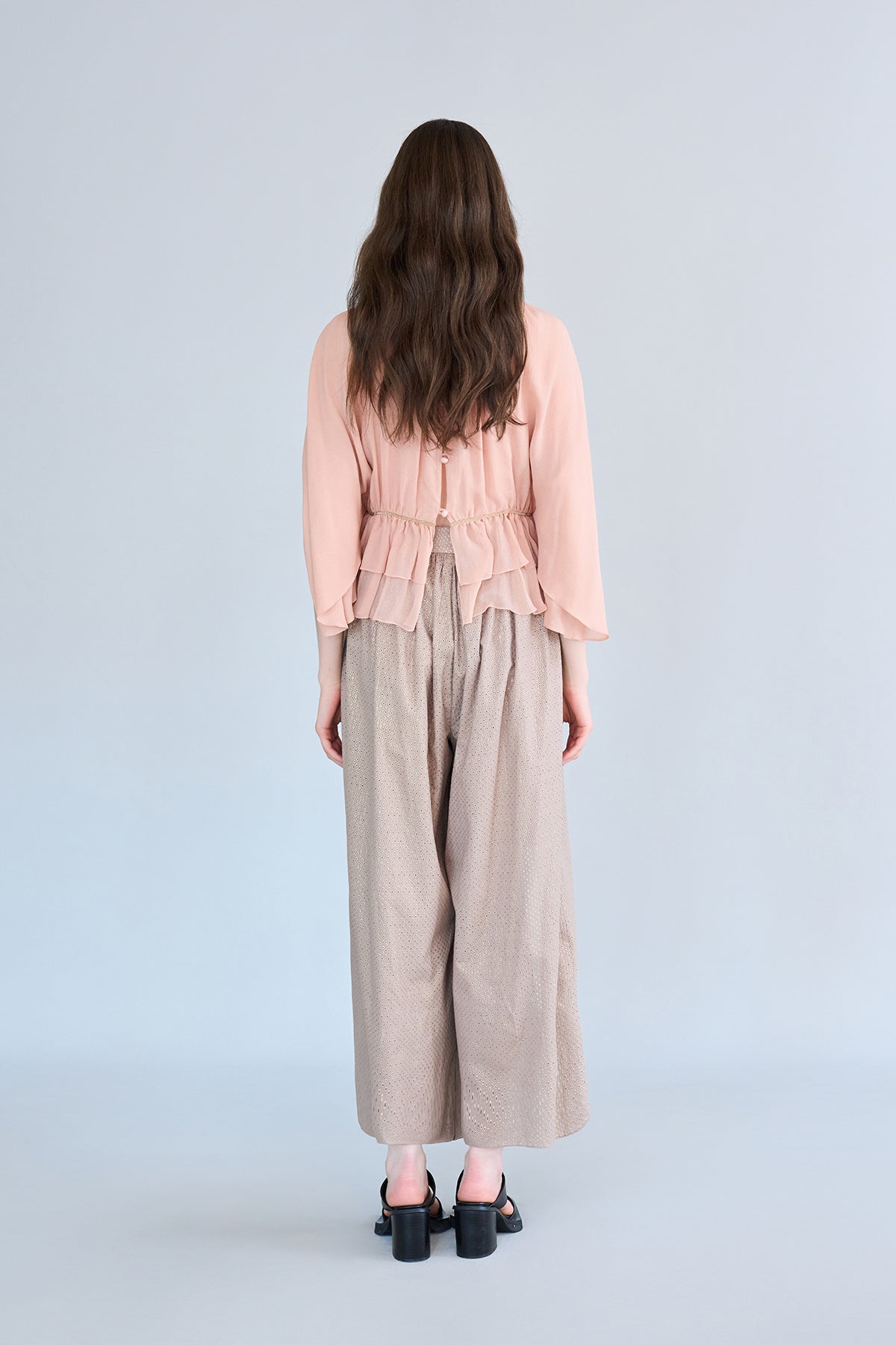 Cutout cape sleeve silk peplum blouse apricot - fasfas