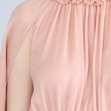 Cutout cape sleeve silk peplum blouse apricot - fasfas