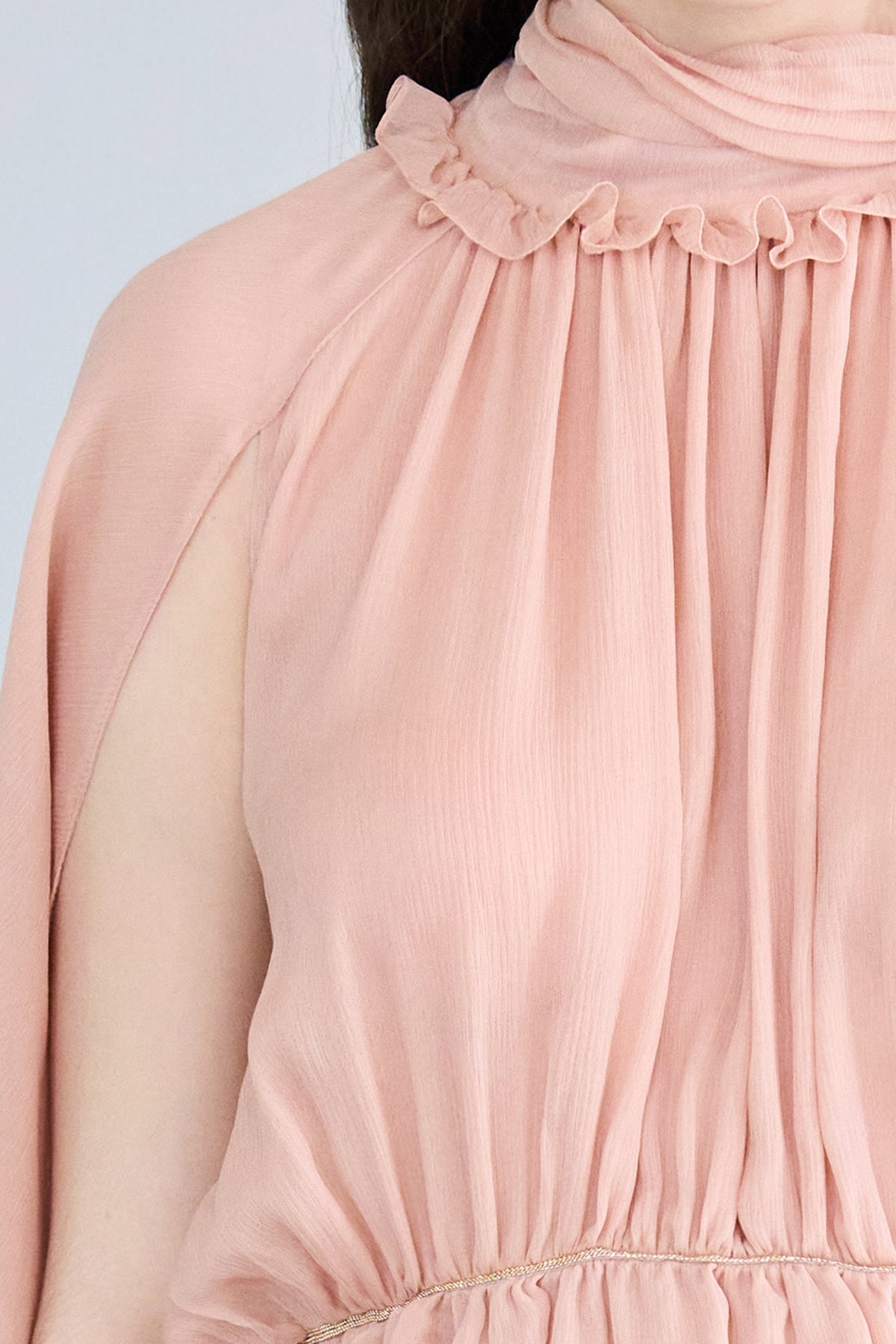 Cutout cape sleeve silk peplum blouse apricot - fasfas