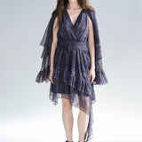 Cutout cape sleeve asymmetric tiered silk long dress