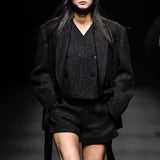 Black high-waisted tweed shorts