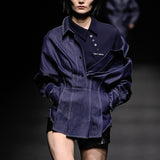 Blue off-shoulder denim shirt