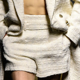 White high-waisted tweed shorts