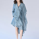 Double button drape muffler jacket blue - fasfas