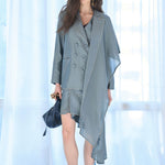 Double button drape muffler jacket blue - fasfas