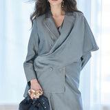 Double button drape muffler jacket blue - fasfas