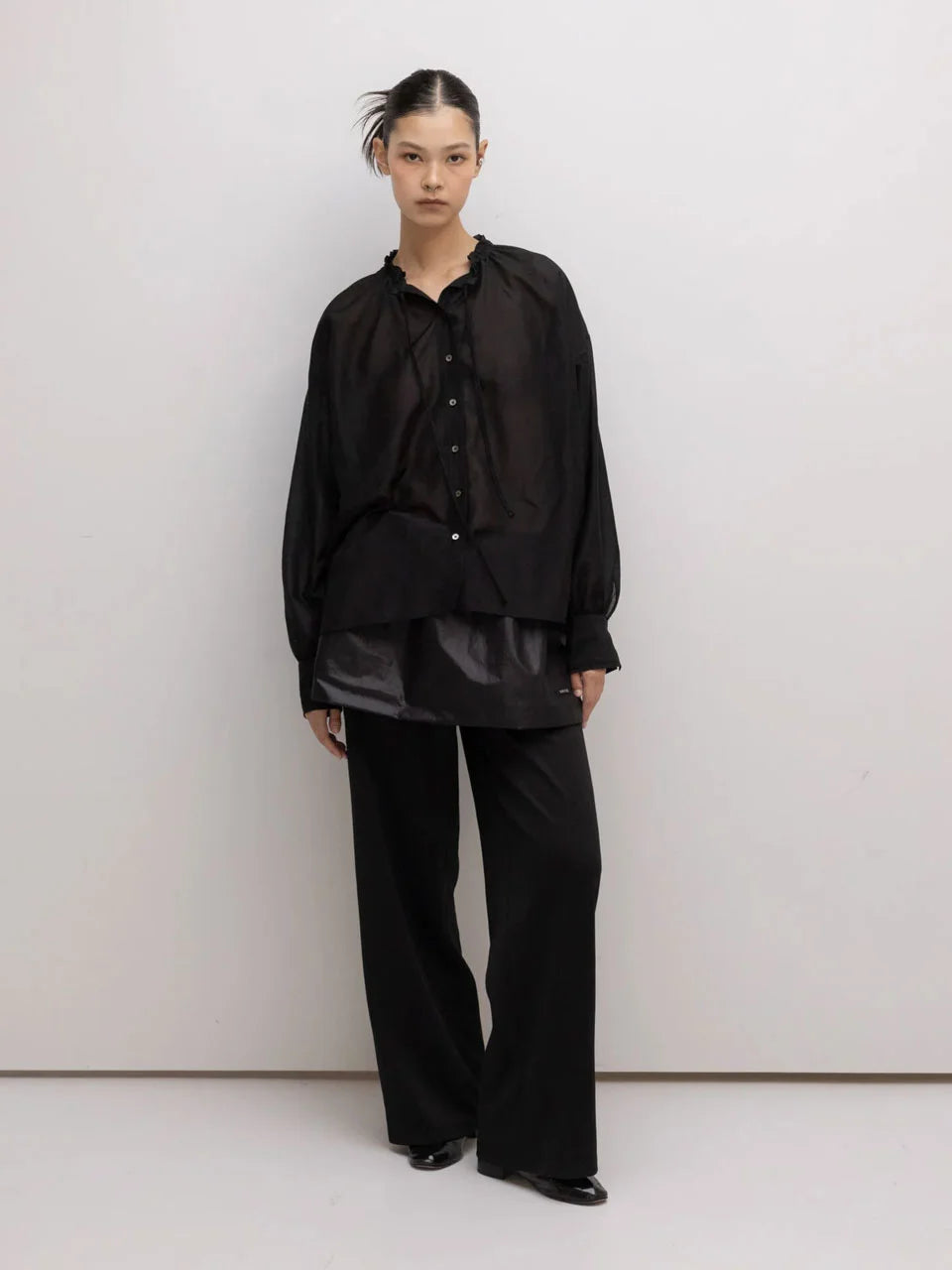 Drawstring ruffled-neck silk-blend cotton-poplin - fasfas