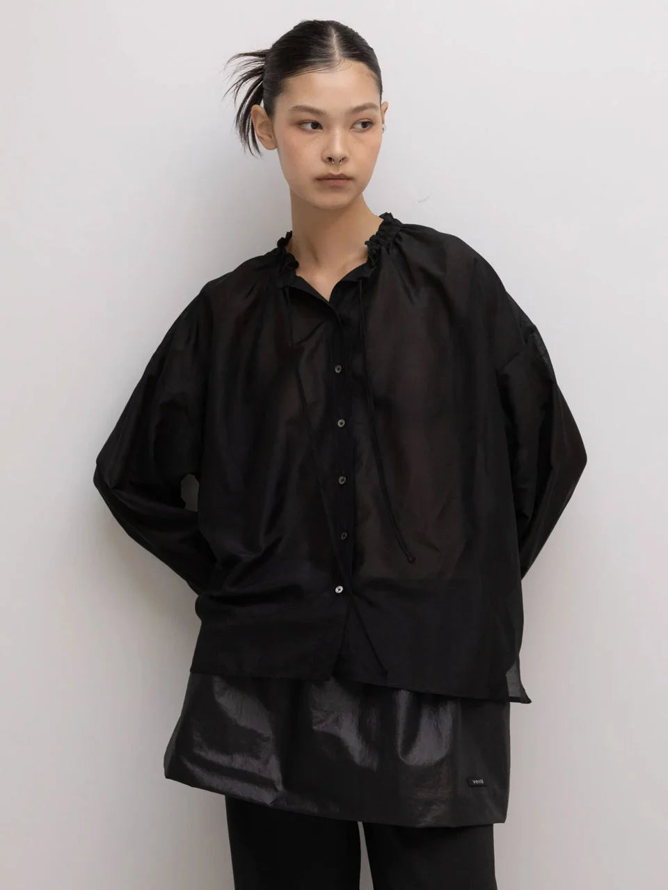 Drawstring ruffled-neck silk-blend cotton-poplin - fasfas