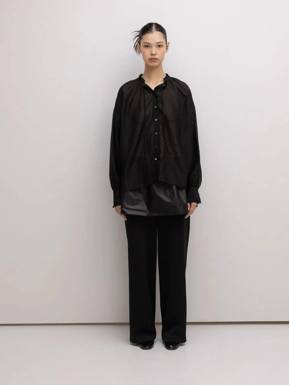 Drawstring ruffled-neck silk-blend cotton-poplin - fasfas