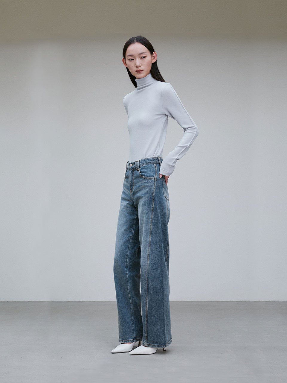 Funnel neck long sleeve top light gray - fasfas