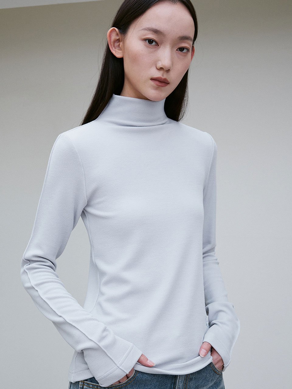 Funnel neck long sleeve top light gray - fasfas