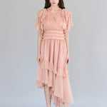 Flare sleeve wrap style asymmetric silk maxi dress - fasfas