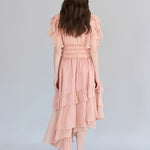 Flare sleeve wrap style asymmetric silk maxi dress - fasfas