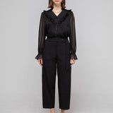 High waist banding baggy pants black