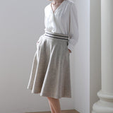 Black ribbon-trimmed waist tweed flared skirt