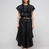 Loose fit 3-tier ruffle sleeveless blouse black - fasfas