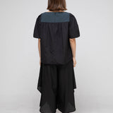 Square neck color block puff sleeve blouse