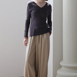 Color block v-neck unbalanced knit dark gray