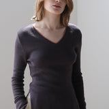 Color block v-neck unbalanced knit dark gray