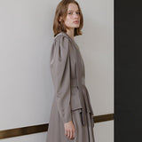 V-neck tie drape unbalanced one-piece